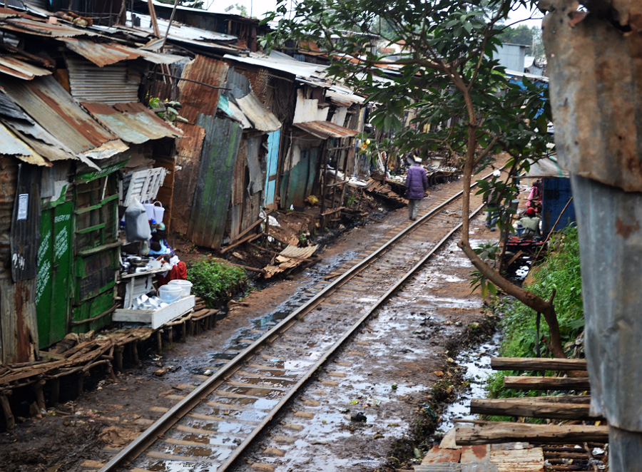 Kibera Slum Nairobi Kenya along railroad tracks